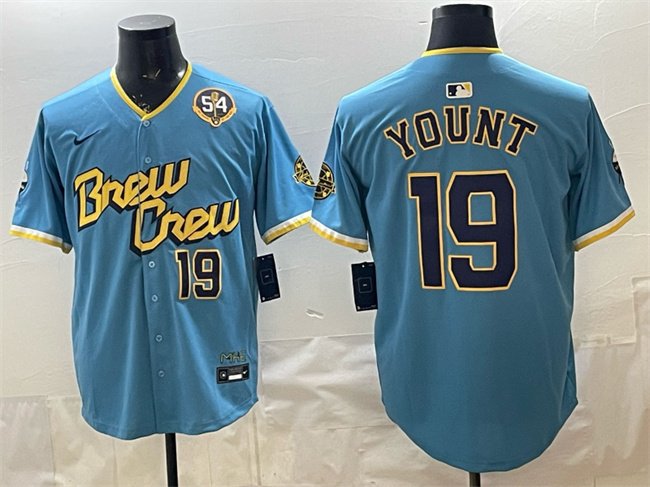 Men's Milwaukee Brewers #19 Robin Yount Powder Blue City Connect With Home & Bob Uecker Patch Limited Stitched Baseball Jersey