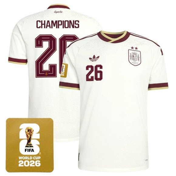 Men's Spain Team #26 Champions White 2026 World Cup Away Soccer Jersey