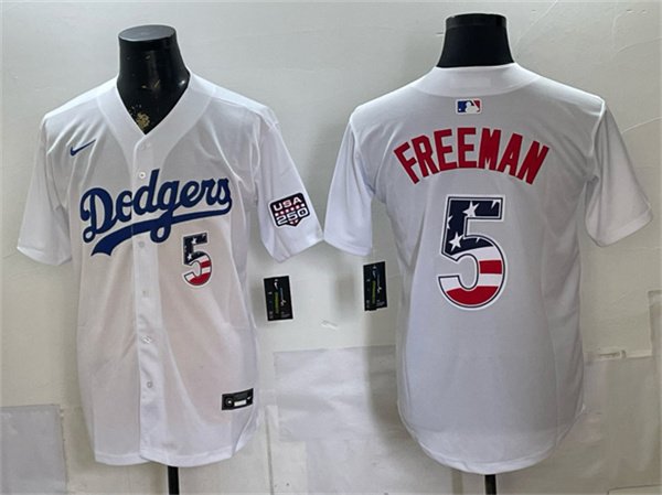 Men's Los Angeles Dodgers #5 Freddie Freeman White 250 Fourth of July Home Stitched Baseball Jersey