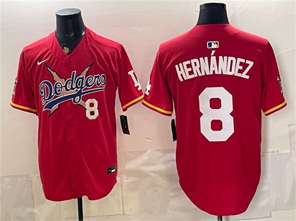 Men's Los Angeles Dodgers x One Piece #8 Enrique Hernández Red Vapor Premier Limited Stitched Baseball Jersey