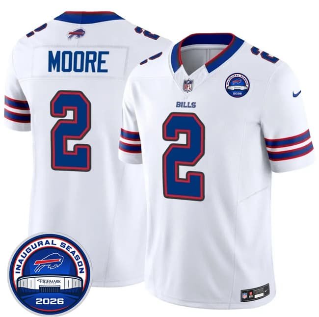 Men's Buffalo Bills #2 D.J. Moore White F.U.S.E. 2026 Inaugural Season at Highmark Stadium Patch Football Stitched Jersey