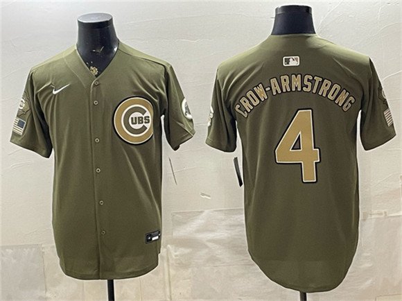 Men's Chicago Cubs #4 Pete Crow-Armstrong Olive 2026 Armed Forces Day Stitched Baseball Jersey