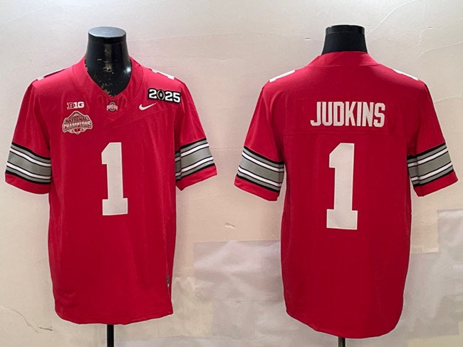 Men's Ohio State Buckeyes #1 Quinshon Judkins Red 2025 CFP Final With National Champions Patch F.U.S.E. Vapor Limited Stitched Football Jersey
