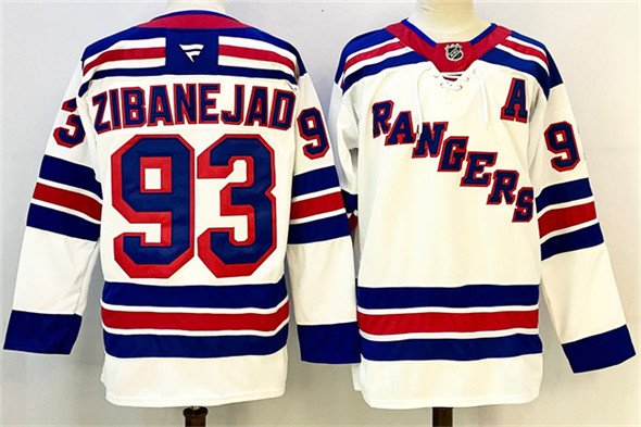 Men's New York Rangers #93 Mika Zibanejad White With A Patch 2024-25 Away Stitched Jersey