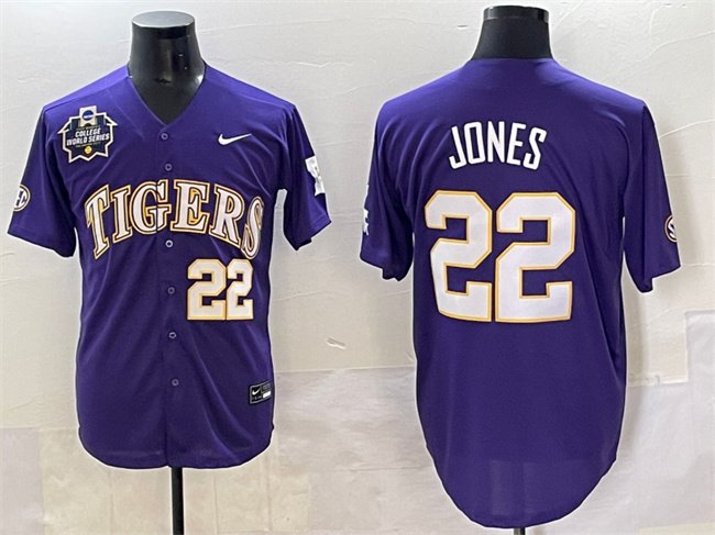 Men's LSU Tigers #22 Jared Jones Purple 2025 World Series & SEC Patch Stitched Baseball Jersey