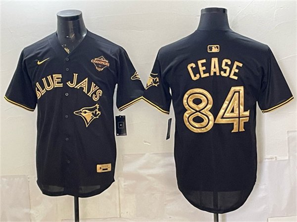 Men's Toronto Blue Jays #84 Dylan Cease Black Gold 2025 American League Champions Limited Stitched Baseball Jersey