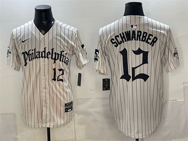 Men's Philadelphia Phillies #12 Kyle Schwarber Cream Pinstripe Gothic Vapor Limited Stitched Jersey
