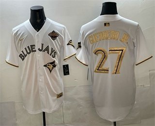 Men's Toronto Blue Jays #27 Vladimir Guerrero Jr White Gold 2025 American League Champions Limited Stitched Jersey