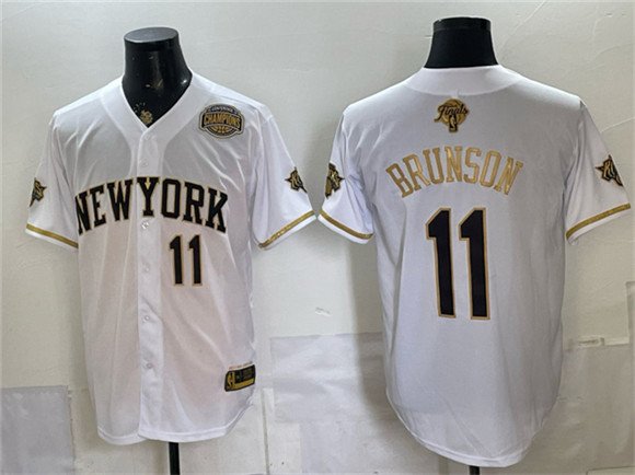 Men's New York Knicks #11 Jalen Brunson White Gold 2026 Finals & Eastern Conference Champions Patch Stitched Baseball Jersey