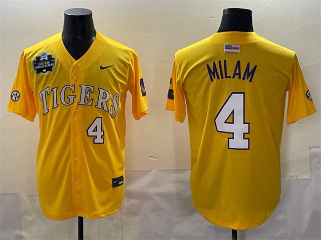 Men's LSU Tigers #4 Steven Milam Gold 2025 World Series & SEC Patch Stitched Baseball Jersey