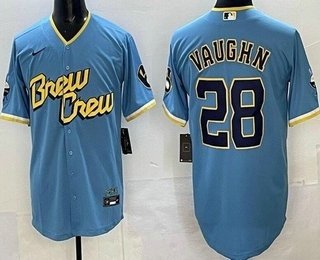 Men's Milwaukee Brewers #28 Andrew Vaughn Powder Blue 2022 City Connect Cool Base Jersey