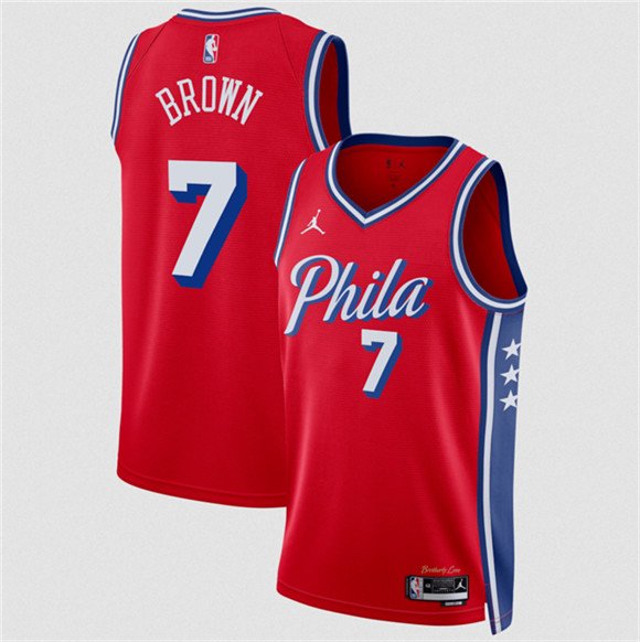 Men's Philadelphia 76ers #7 Jaylen Brown Red 2026 Statement Edition Stitched Jersey