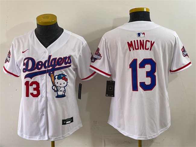 Women's Los Angeles Dodgers #13 Max Muncy White Hello Kitty Night 2025 World Series Champions Patch Stitched Baseball Jersey(Run Small)
