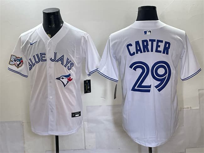 Men's Toronto Blue Jays #29 Joe Carter White 50 Seasons Patch Stitched Baseball Jersey