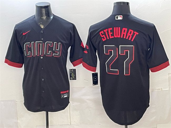 Men's Cincinnati Reds #27 Sal Stewart Black City Connect Cool Base Stitched Baseball Jersey