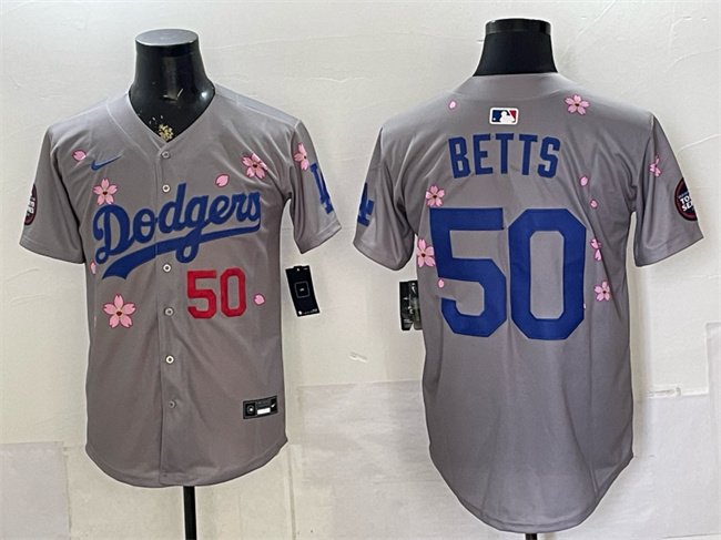 Men's Los Angeles Dodgers #50 Mookie Betts Grey 2025 Tokyo Series Limited Stitched Baseball Jersey