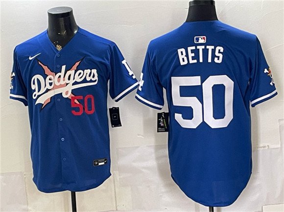 Men's Los Angeles Dodgers x One Piece #50 Mookie Betts Royal Vapor Premier Limited Stitched Baseball Jersey