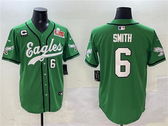 Men's Philadelphia Eagles #6 DeVonta Smith Green 2025 Super Bowl LIX And 3-Star C Patch Stitched Baseball Jersey