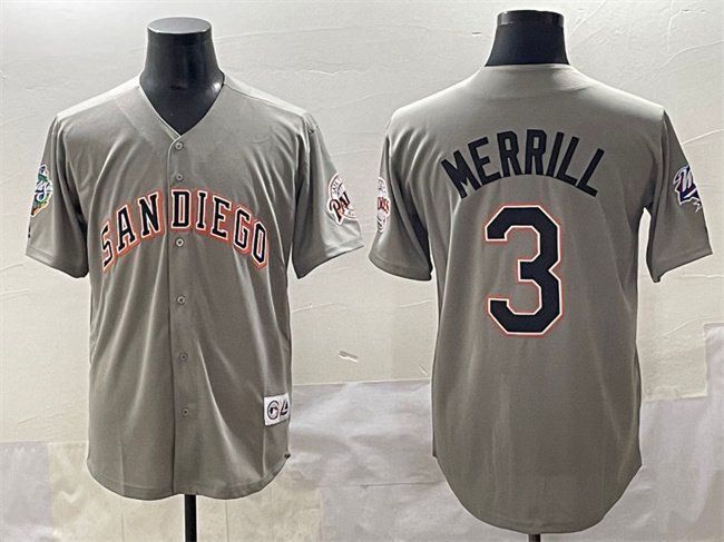 Men's San Diego Padres #3 Jackson Merrill Gray Fashion Throwback With Patch Cool Base Stitched Jersey