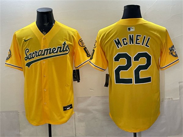 Men's Oakland Athletics #22 Jeff McNeil 2026 Yellow Alternate Sacramento Celebrating 125 Years Vapor Limited Stitched Baseball Jersey