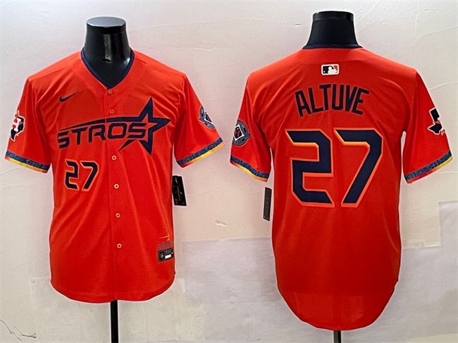 Men's Houston Astros #27 Jose Altuve Orange 2025 City Connect With Texas Patch Limited Stitched Baseball Jersey