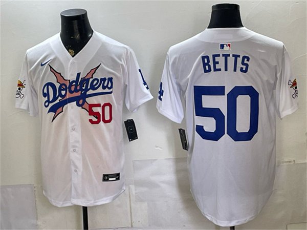 Men's Los Angeles Dodgers x One Piece #50 Mookie Betts White Vapor Premier Limited Stitched Baseball Jersey