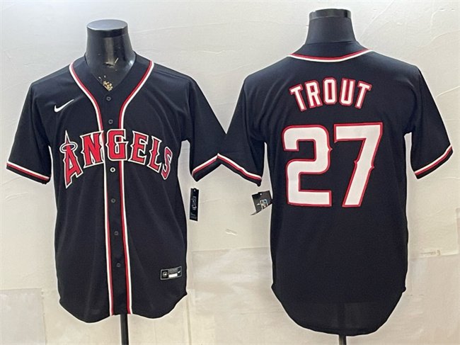 Men's Los Angeles Angels #27 Mike Trout 2026 Fashion Replica Black Out Stitched Baseball Jersey