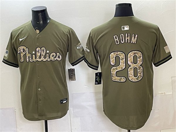 Men's Philadelphia Phillies #28 Alec Bohm Olive 2026 Armed Forces Day Stitched Baseball Jersey