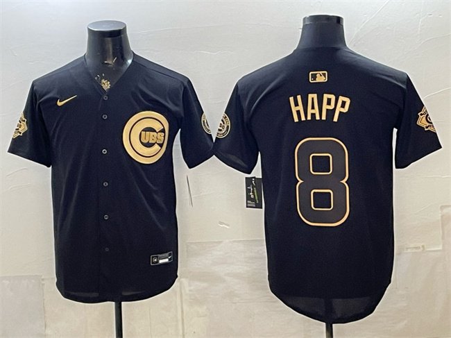 Men's Chicago Cubs #8 lan Happ Black Gold 150th Anniversary Patch Stitched Baseball Jersey