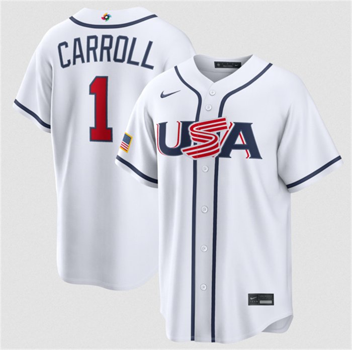 Men's USA Baseball #1 Corbin Carroll White 2026 World Baseball Classic Home Stadium Stitched Jersey
