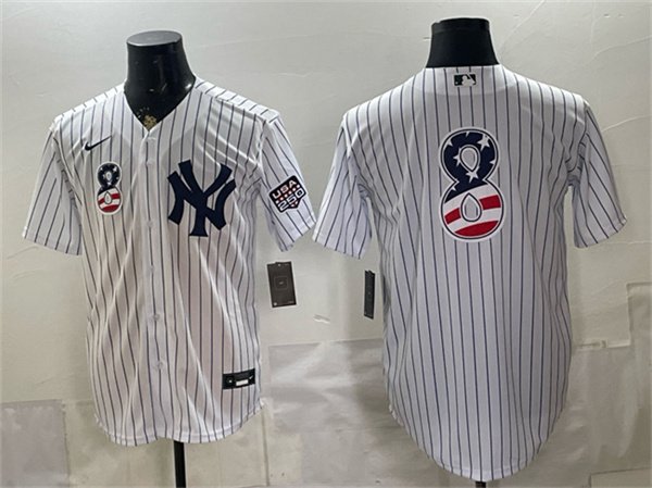 Men's New York Yankees #8 Yogi Berra White 2026 USA 250 Fourth of July Home Stadium Stitched Baseball Jersey