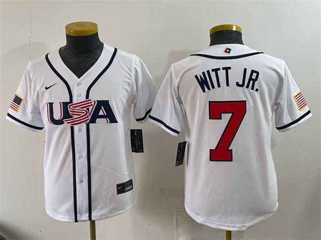 Youth USA Baseball #7 Bobby Witt Jr. White 2026 World Baseball Classic Home Stadium Stitched Baseball Jersey