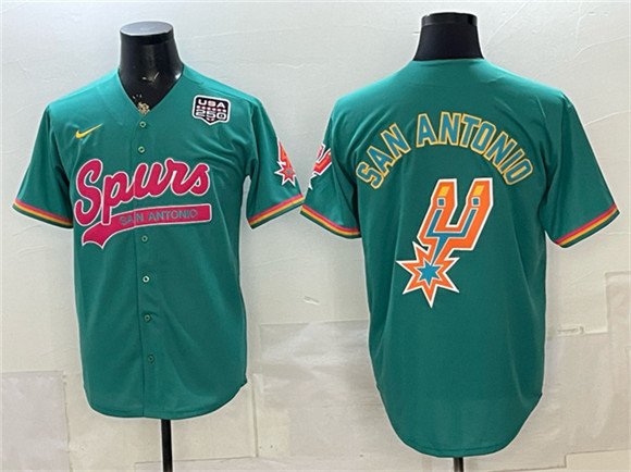 Men's San Antonio Spurs Team Big Logo Teal USA 250' Patch Stitched Baseball Jersey