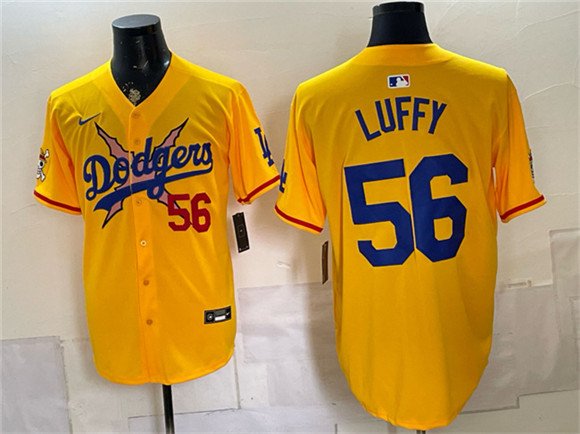 Men's Los Angeles Dodgers x One Piece #56 Luffy Yellow Vapor Premier Limited Stitched Baseball Jersey