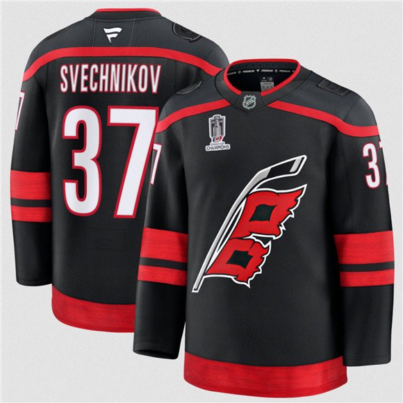 Men's Carolina Hurricanes #37 Andrei Svechnikov Black 2026 Stanley Cup Champions Home Stitched Jersey