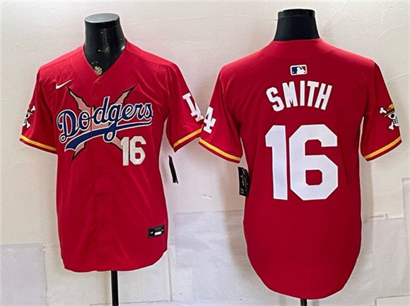 Men's Los Angeles Dodgers x One Piece #16 Will Smith Red Vapor Premier Limited Stitched Baseball Jersey