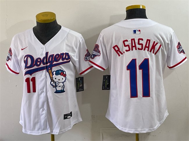 Women's Los Angeles Dodgers #11 Roki Sasaki White Hello Kitty Night 2025 World Series Champions Patch Stitched Baseball Jersey(Run Small)