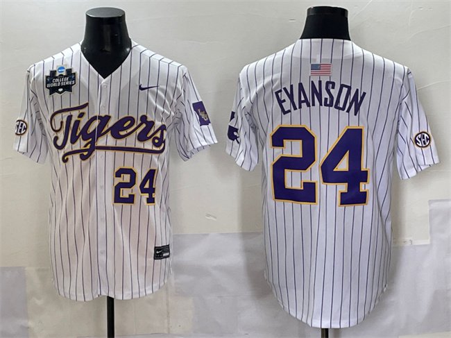 Men's LSU Tigers #24 Anthony Eyanson White Pinstripe 2025 World Series & SEC Patch Stitched Baseball Jersey