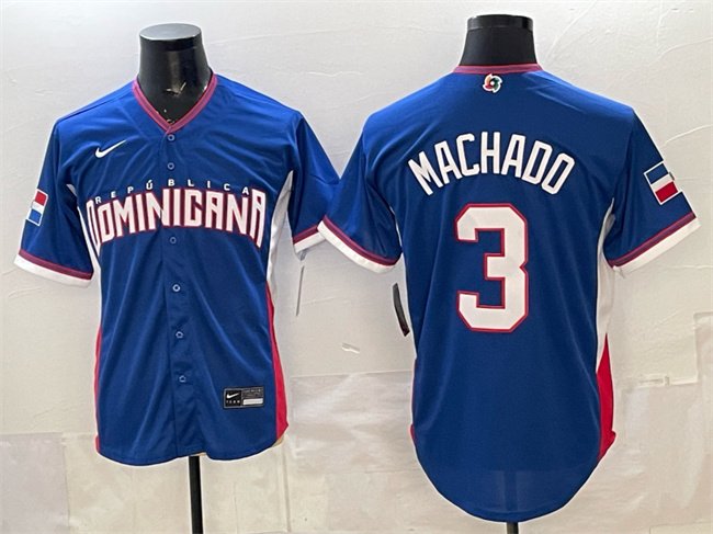 Men's Dominican Republic Baseball #3 Manny Machado Royal 2026 World Baseball Classic Road Stadium Stitched Jersey
