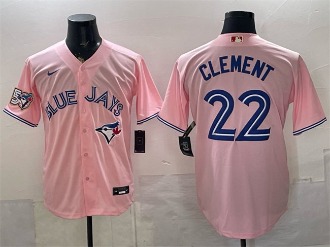 Men's Toronto Blue Jays #22 Ernie Clement Pink 50 Seasons Patch Stitched Baseball Jersey