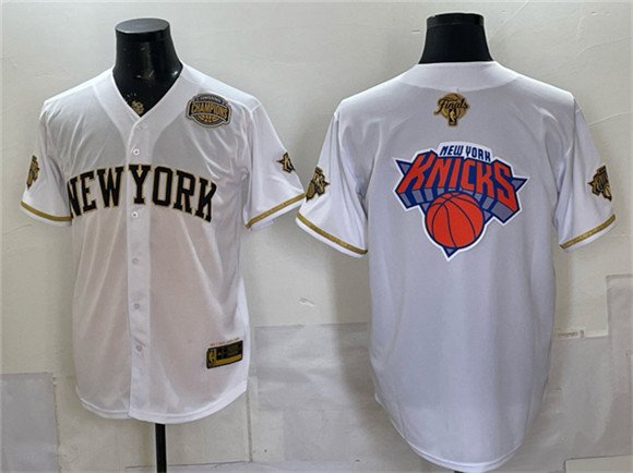 Men's New York Knicks Team Big Logo White Gold 2026 Finals & Eastern Conference Champions Patch Stitched Baseball Jersey