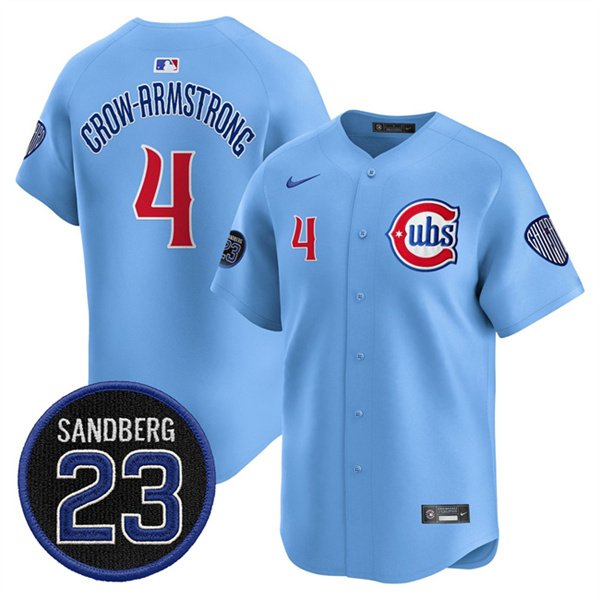 Men's Chicago Cubs #4 Pete Crow-Armstrong Blue 'Ryne Sandberg Tribute' Vapor Limited V2 Stitched Baseball Jersey