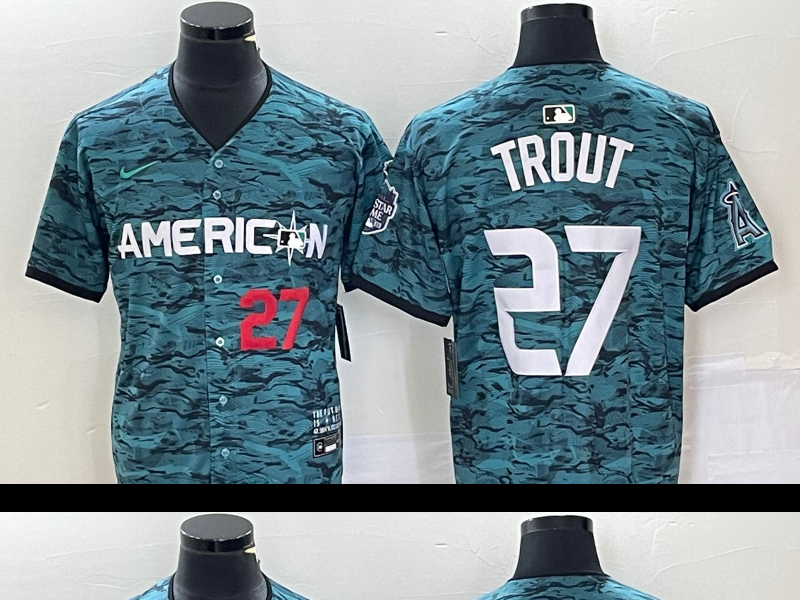 Men's Los Angeles Angels #27 Mike Trout Number Teal 2023 All Star Cool Base Stitched Jersey
