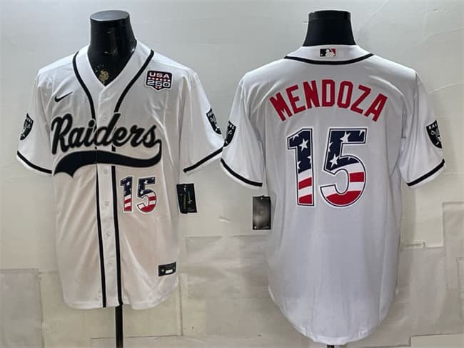 Men's Las Vegas Raiders #15 Fernando Mendoza White USA 250 Fourth of July Vapor Limited Stitched Baseball Jersey