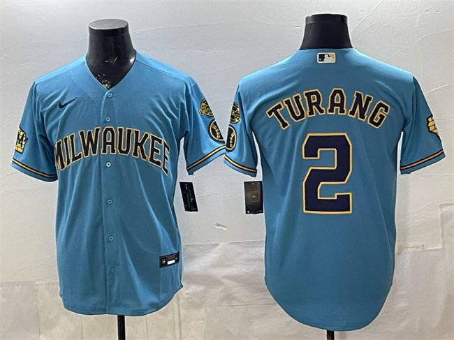 Men's Milwaukee Brewers #2 Brice Turang Blue With Home & Bob Uecker Patch Stitched Baseball Jersey