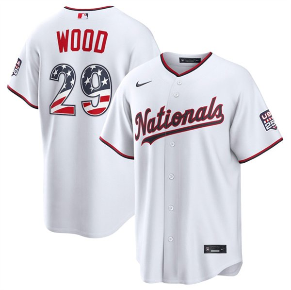 Men's Washington Nationals #29 James Wood White USA 250 Fourth of July Home Stitched Baseball Jersey