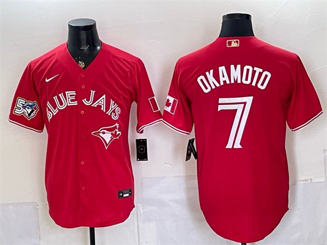 Men's Toronto Blue Jays #7 Kazuma Okamoto Red 50 Seasons Patch Stitched Baseball Jersey