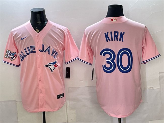 Men's Toronto Blue Jays #30 Alejandro Kirk Pink 50 Seasons Patch Stitched Baseball Jersey