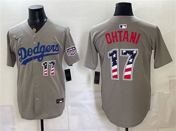 Men's Los Angeles Dodgers #17 Shohei Ohtani Gray 250 Fourth of July Road Stitched Baseball Jersey