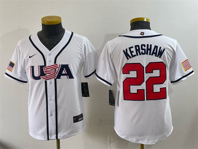 Youth USA Baseball #22 Clayton Kershaw White 2026 World Baseball Classic Home Stadium Stitched Baseball Jersey